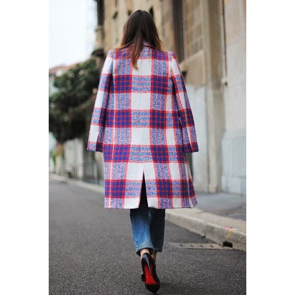 Zara Tartan Plaid Textured Coat Red Blue size RARE Bloggers favorite wool - Picture 7 of 8
